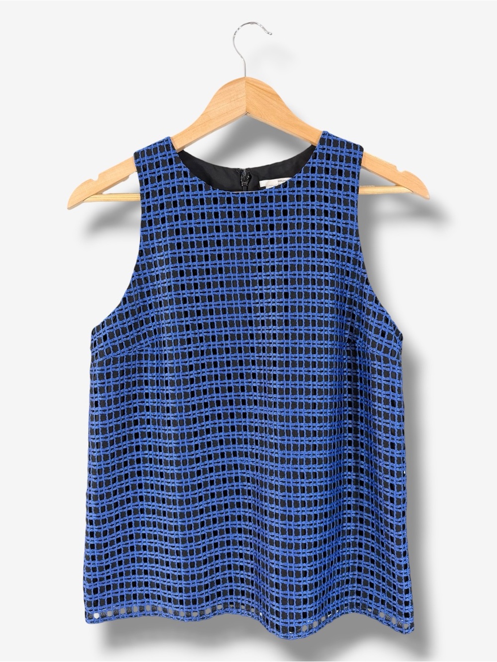Halogen Blue Tank Blouse Size M Caged Open Weave Casual Office Preppy Sleeveless